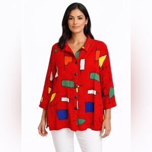 Ali Miles Blouse Women's Size Small Abstract Artsy Office Red‎